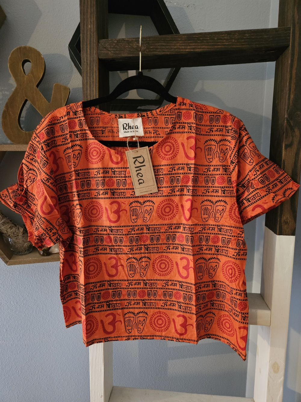 NWT Rhea Boho Om Printed Cotton Short Sleeve Crop Top Size Large